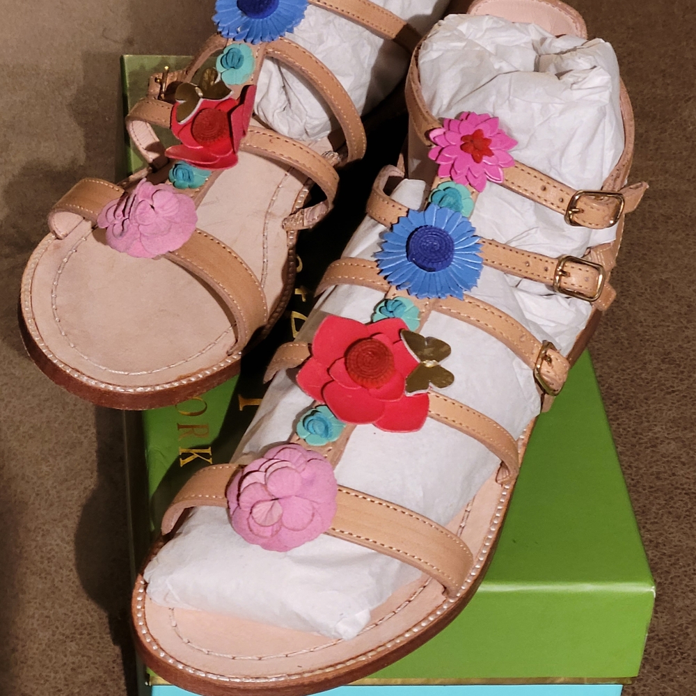 Kate Spade Tan and Pink Gladiator Sandals with Floral Accents Size 10